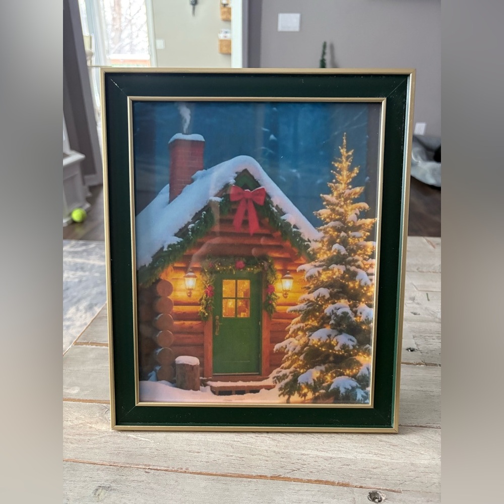 New 8x10 Framed Christmas Log Cabin Winter Scene Art Print